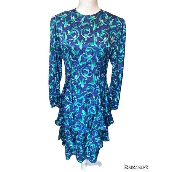 Carolyne Barton Dress Silk Size 10 Colorful Pattern Long Sleeve Blue/green - Picture 1 of 5
